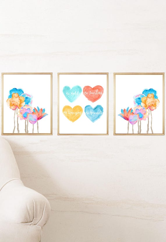Flowers with Quotes for Tween Bedroom, Set of 3 Inspirational Art Prints