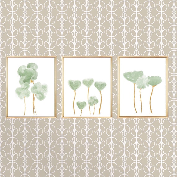 Sage Green and Gold Flower Prints, Set of 3 Art Prints