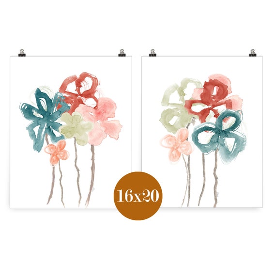 Blush and Teal Floral Prints, Set of 2-16x20