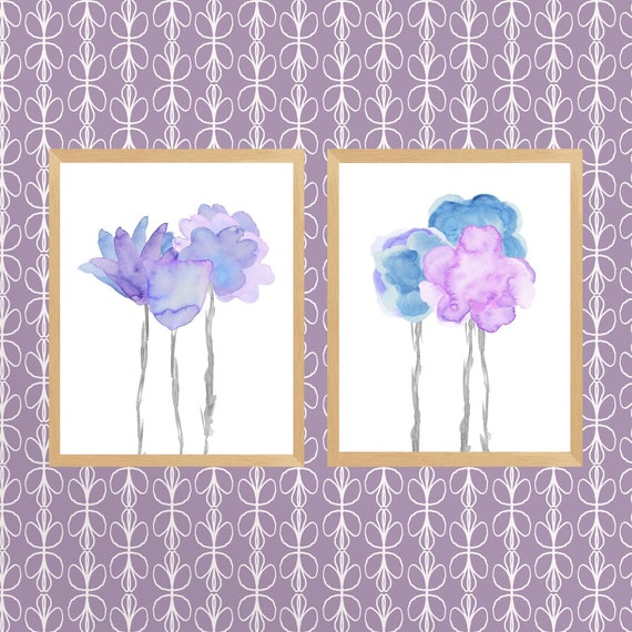 Lavender and Pale Blue Flower Prints Set of 2, Floral Watercolors