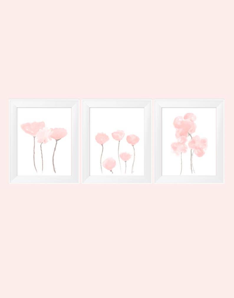 Blush Artwork, Petal Pink Wall Decor, Set of 3, Blush Flower Prints, Blush Wall Decor, Blush Pink Flower Prints, Pale Pink Artwork, Blush/Natural Stems