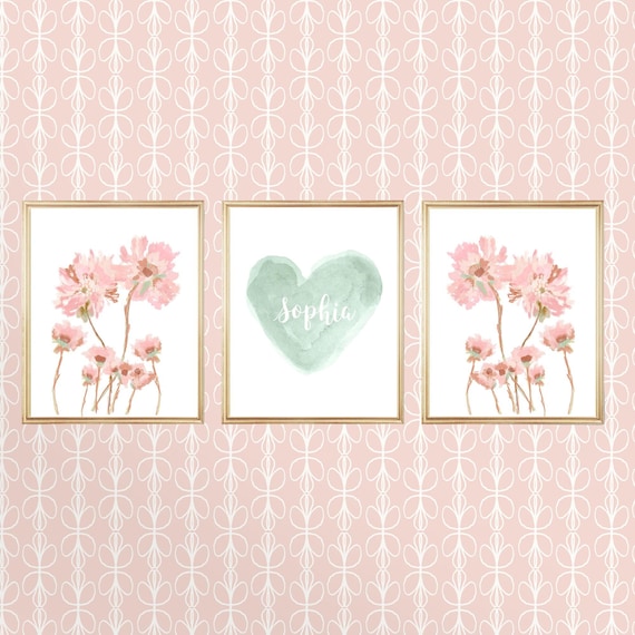 Blush and Mint Wildflowers and Heart Wall Decor, Set of 3