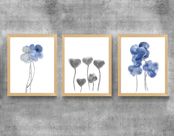 Blue and Gray Wall Decor, Set of 3 Floral Watercolor Prints