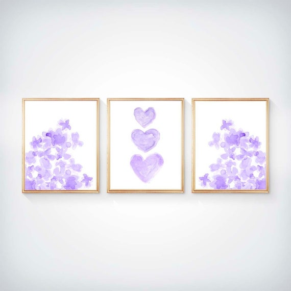 Lavender Gallery Wall for Girls Room, Set of 3- 8x10 Flowers and Hearts Prints