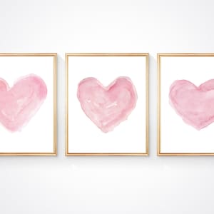 Pink Heart Wall Art, Set of 3 Prints, Pink Watercolor Hearts, Pink Girls Nursery Decor, Pink Nursery Decor, Pink Heart Art, Pink Wall Art