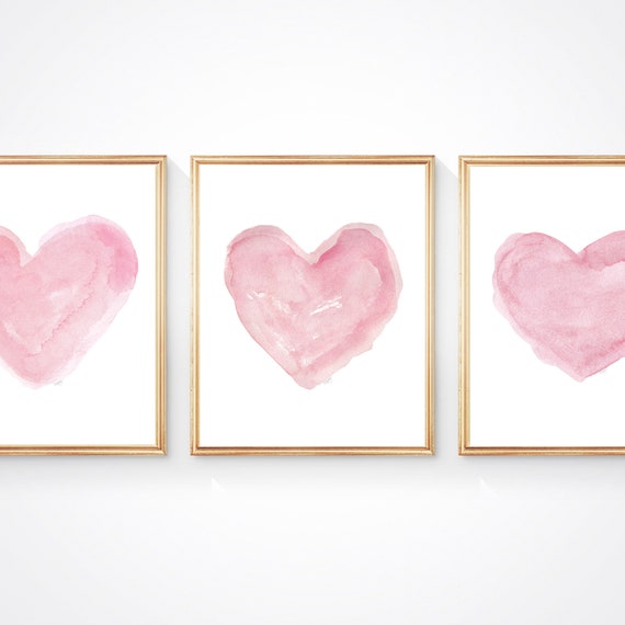 Pink Hearts Nursery Set, Set of 3 Pink Watercolor Hearts