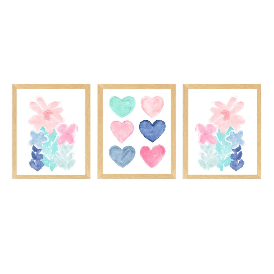 Blush and Navy Wall Decor Pink and Blue Hearts and Flower Etsy