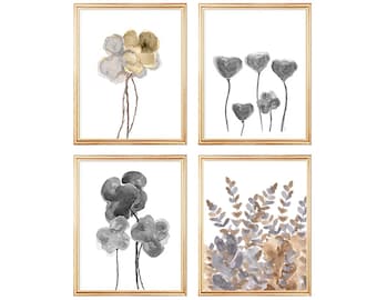 Natural Wall Decor, Flower Prints, Set of 4, Neutral Wall Art, Gold and Silver Wall Decor, Gold and Gray Decor, Neutral Living Room Art