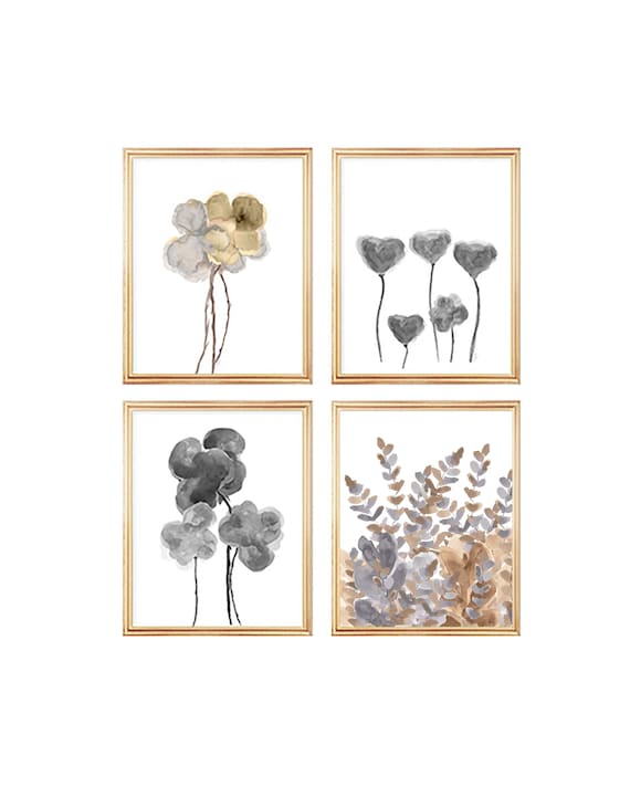 Natural Wall Decor, Set of 4 Gold and Silver Floral Watercolor Prints