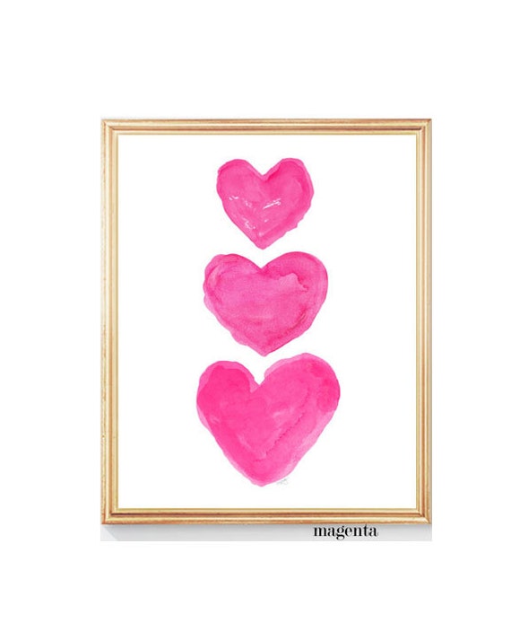 Girls Hot Pink Wall Decor, Watercolor Heart Trio Art Print