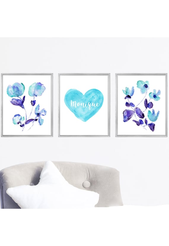 Aqua and Purple Tween Wall Decor, Set of 3 Personalized Prints with Heart and Flowers