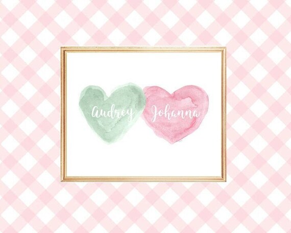 Pink and Mint Girls Nursery Print with Personalized Hearts