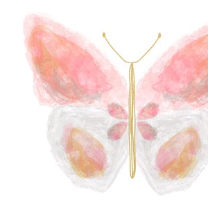 May include: A watercolor painting of a butterfly with pink and gold wings. The butterfly is painted in a delicate style, with soft colors and subtle details.