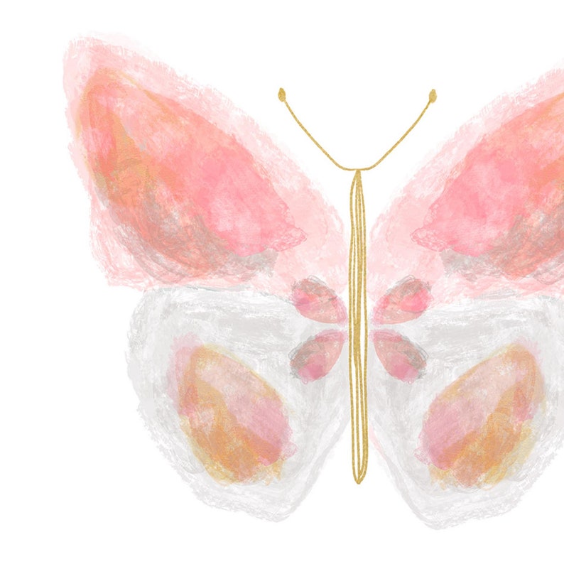 May include: A watercolor painting of a butterfly with pink and gold wings. The butterfly is painted in a delicate style, with soft colors and subtle details.