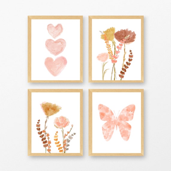 Girls Natural Bedroom Decor; Flowers with Desert Butterfly and Hearts