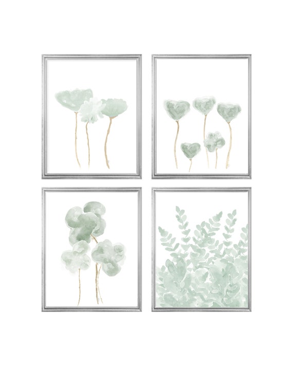 Mint Flowers Gallery Wall, Set of 4 Unframed Flower Prints