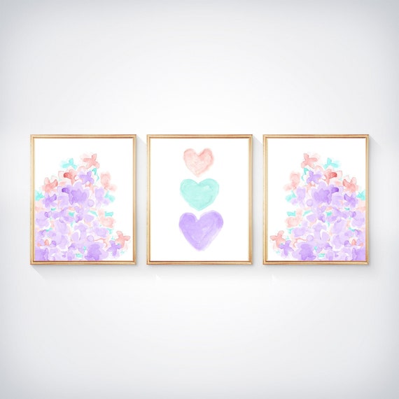 Lavender, Turquoise and Blush Flower Prints for Girls Bedroom Prints, 8x10-Set of 3