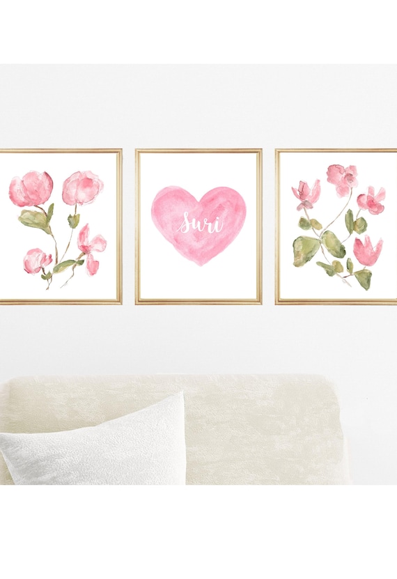 Dusty Rose Pink Flower Prints for Girls Bedroom, Set of 3