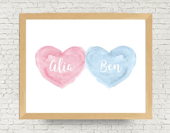 Twins Baby Gift, Pink and Blue Personalized Print, 8x10, 11x14