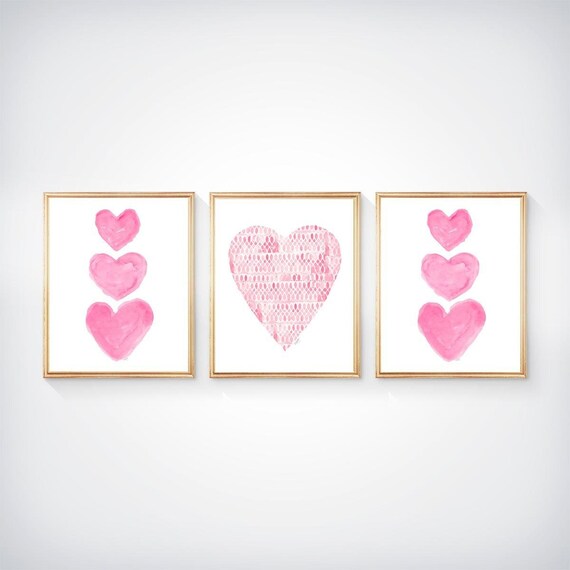 Pretty Pink Heart Prints for Little Girls Bedroom; Set of 3