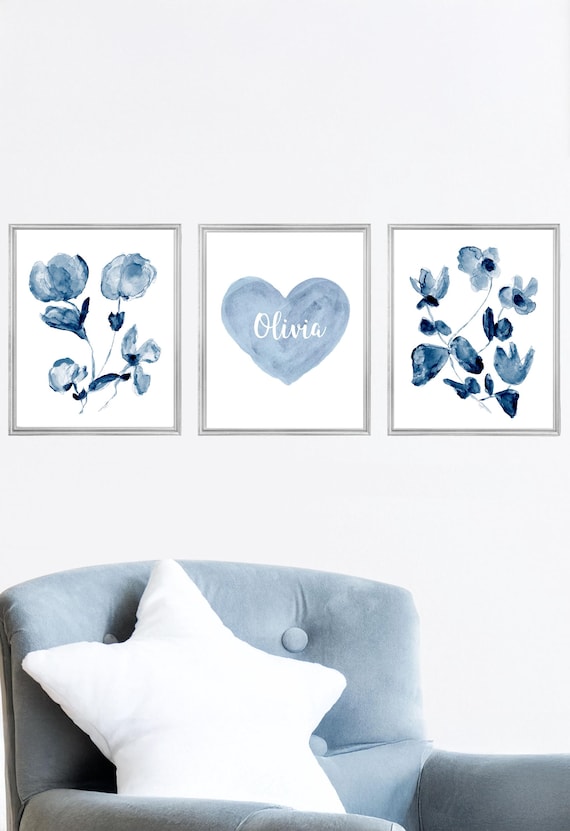 Denim Blue Flowers and Personalized Heart Print for Girls, Set of 3,