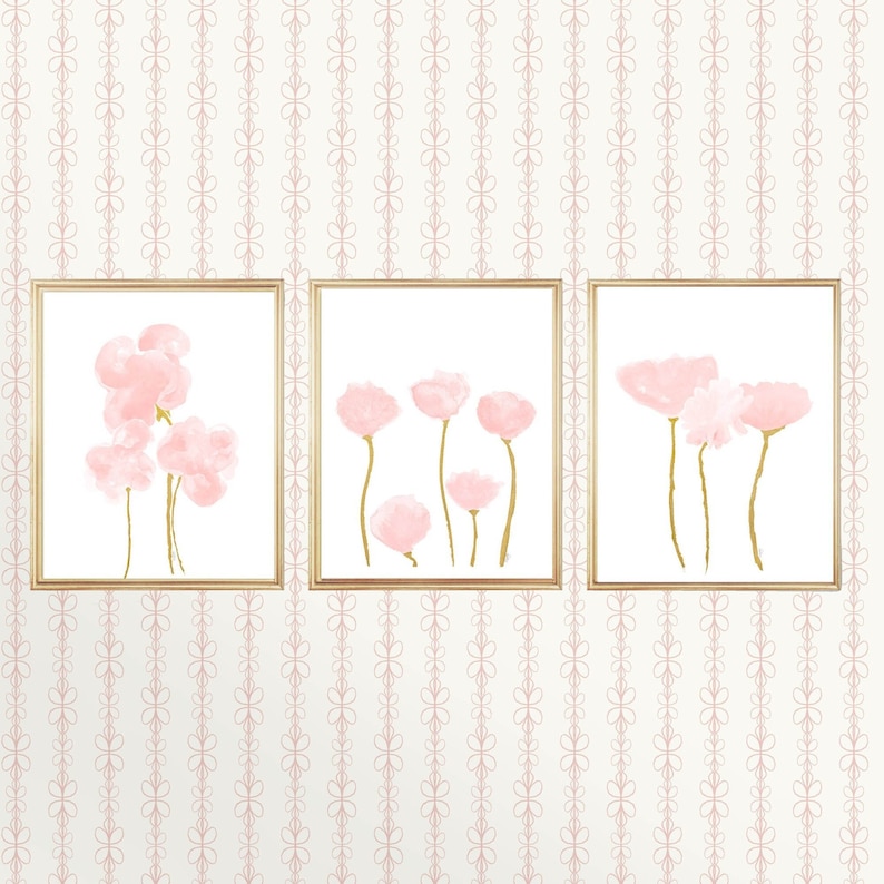 Blush Artwork, Petal Pink Wall Decor, Set of 3, Blush Flower Prints, Blush Wall Decor, Blush Pink Flower Prints, Pale Pink Artwork, Blush/Gold Stems