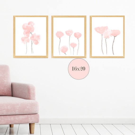 Blush Flowers Wall Decor, 16x20 Set of 3 Prints for Bedroom