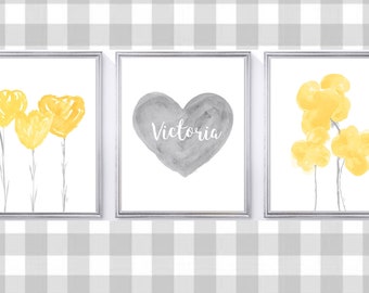 Yellow and Gray Girls Prints, Set of 3, Yellow and Gray Nursery Prints, Yellow Gray Floral Prints, Yellow Flowers, Yellow Gray Bedroom