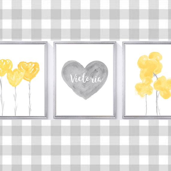 Yellow and Gray Girls Wall Decor, 8x10, 11x14 Set of 3 Personalized Prints