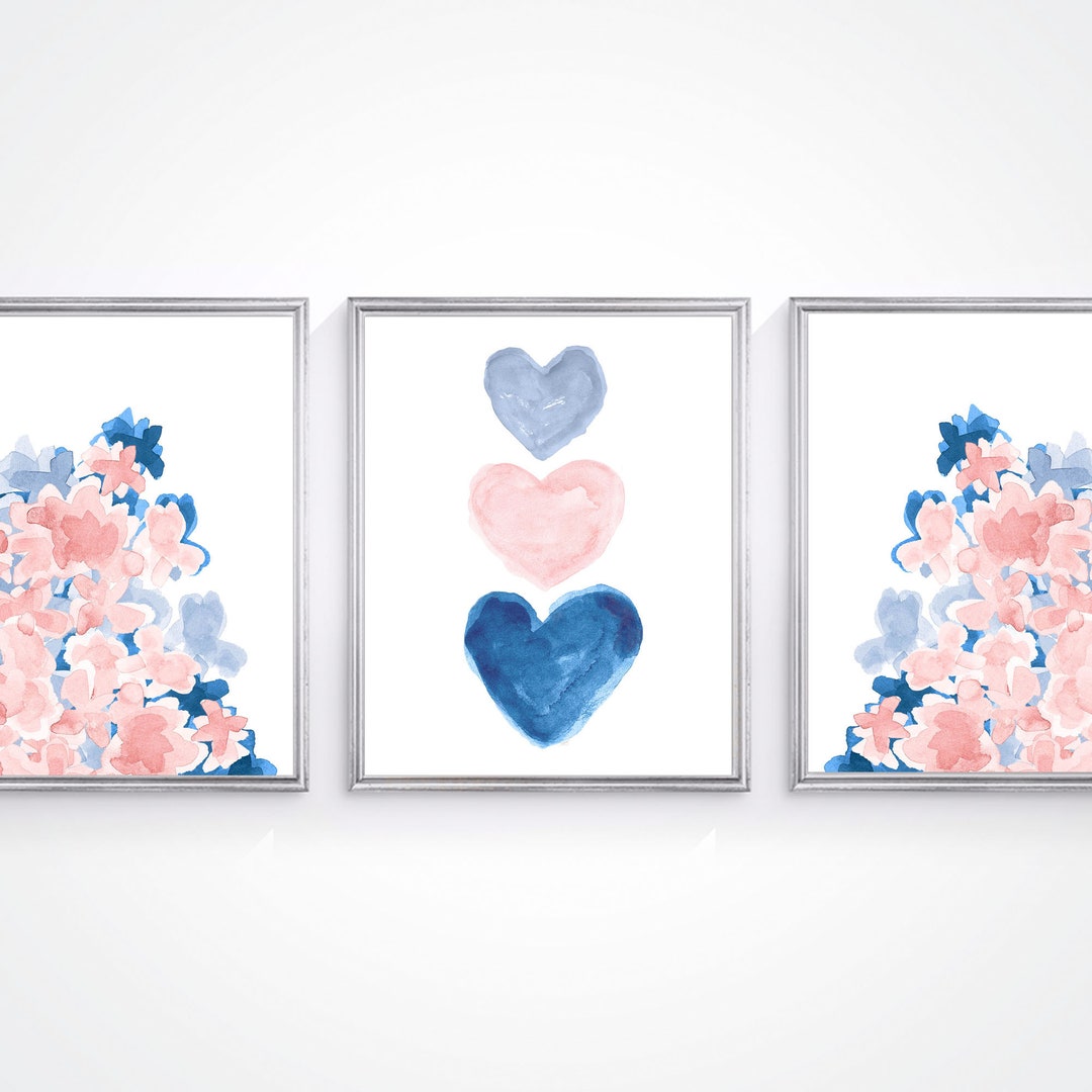 Blush and Navy Artwork, Set of 3, Blush and Navy Nursery Decor, Blue