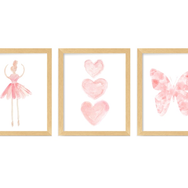 Blush Ballerina Prints, 16x20 Set of 3 Prints, Dance Artwork, Girls Gallery Wall, Butterfly Print, Little Girls Bedroom Decor