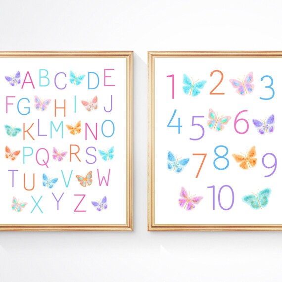 Set of 2 Butterfly ABC 123 Prints for Little Girl