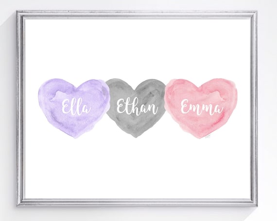 Gift for Boy Girl Triplets; Personalized Watercolor Print in 8x10