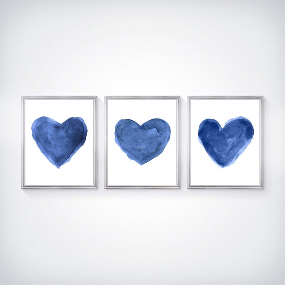 Navy Heart Prints, Set of 3 Watercolors