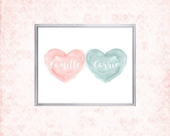 Blush and Teal Sisters Personalized Heart Print