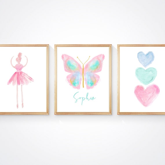 Pastel Butterfly and Ballerina, Print Set of 3 for Young Girls Bedroom