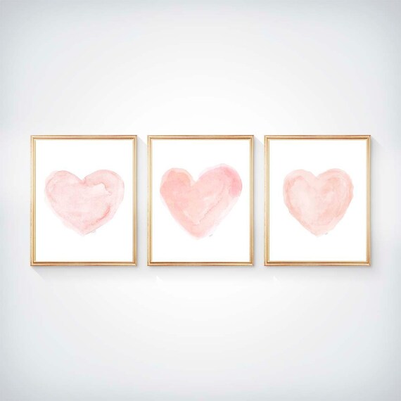 Blushing Hearts Nursery Prints, Set of 3 Watercolor Prints