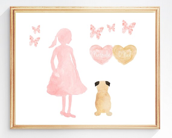 Girl with Pug Dog Personalized Print, 8x10