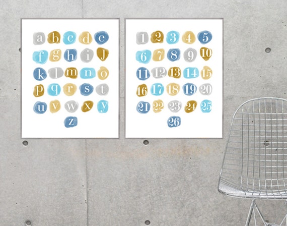 Boy's Modern Playroom Wall Decor; ABC 123 Prints