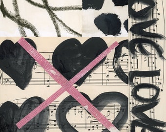 Cross My Heart, Music Art, Original Art, I Love You, Original Collage, Contemporary Mixed Media, Pink and Black Artwork, Girlfriend Gift