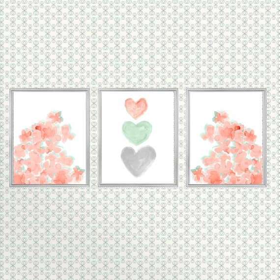 Coral and Mint Nursery Print Set, Set of 3