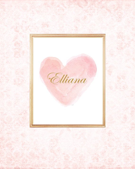 Blush and Gold Nursery Decor, 8x10 Personalized Watercolor Heart Print