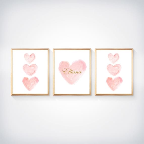 Blush and Gold Personalized Baby Prints, Set of 3 - 8x10 or 11x14 with Gold Name