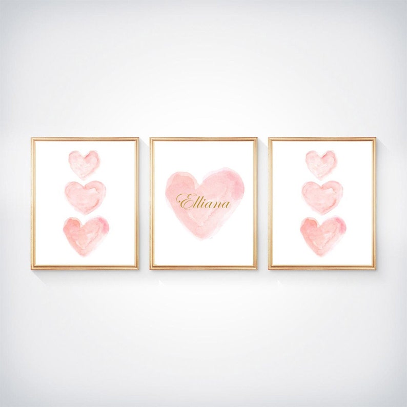 Blush Nursery Decor, Pink and Gold Nursery, Set of 3 8x10 Unframed Watercolor Prints, Blush and Gold, New Baby Girl Gift, Gold Name image 1