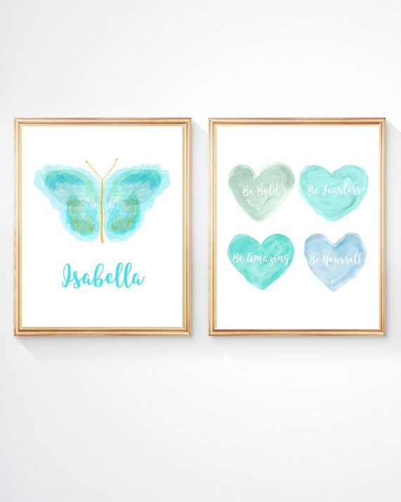 Personalized Aqua Butterfly Wall Decor, Girls Inspiration Print Set