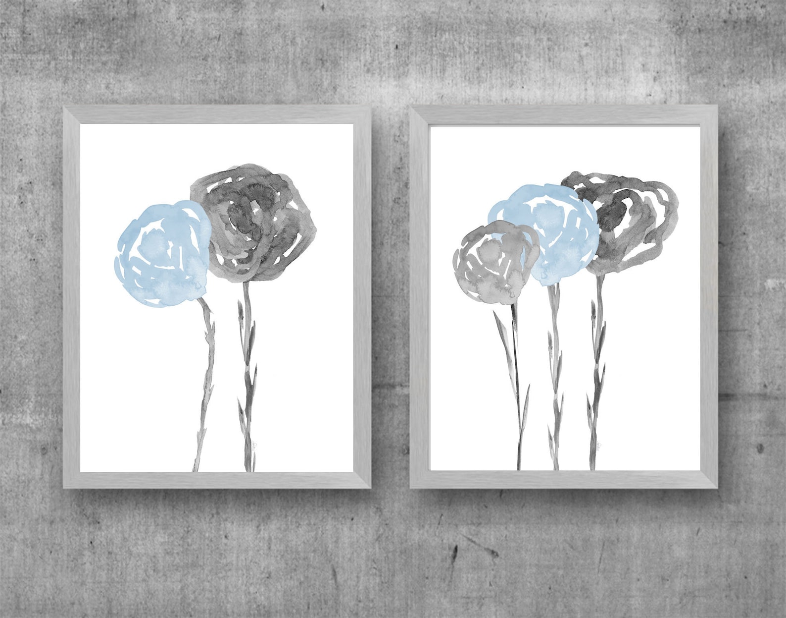 Light Blue and Gray Wall Decor Set of 2 Blue and Gray Flower Etsy