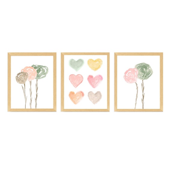 Cottage Floral Bedroom Decor; Set of 3 Watercolor Prints