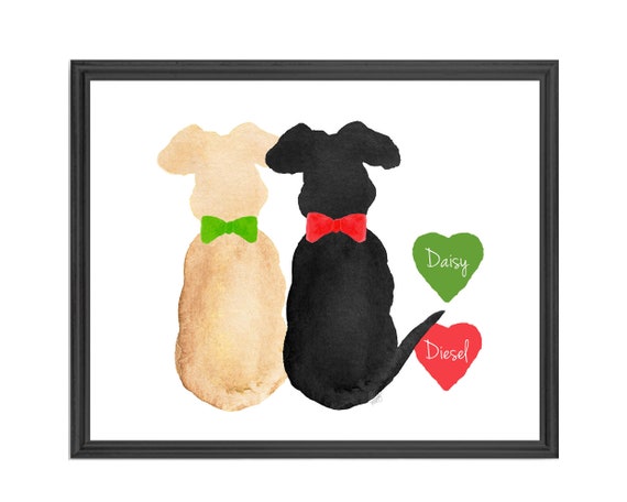 Family Pet Holiday Gift, 2 Dog Personalized Christmas Memorial Print, 8x10