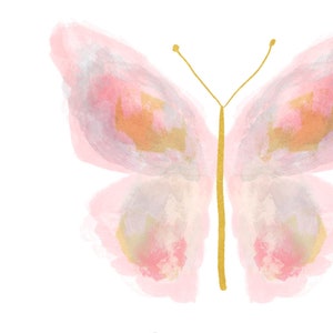 May include: A watercolor painting of a pink butterfly with gold accents. The butterfly's wings are painted in a soft, delicate style, with shades of pink, white, and gold.