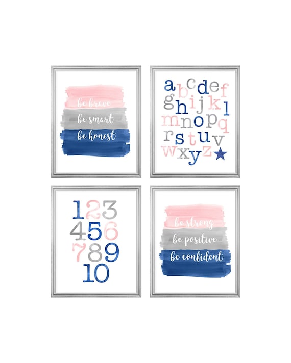 Blush and Navy Gallery Wall, Set of 4, Boy Girl Playroom Prints